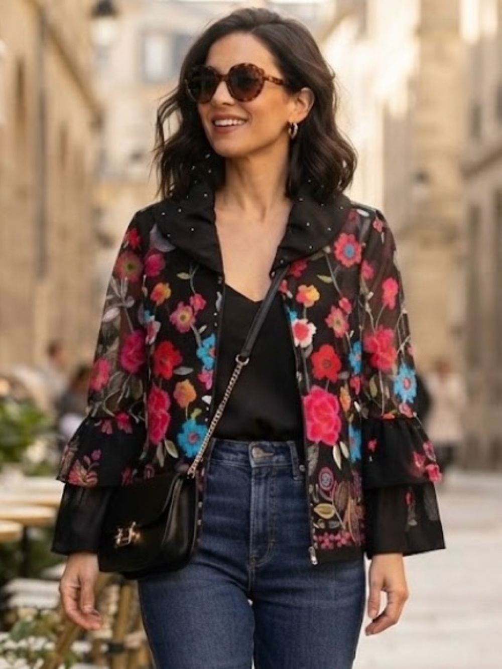 Damee, Inc. Black Floral Embroidered Mesh Zip-Up Jacket Top Bold Statement Artsy